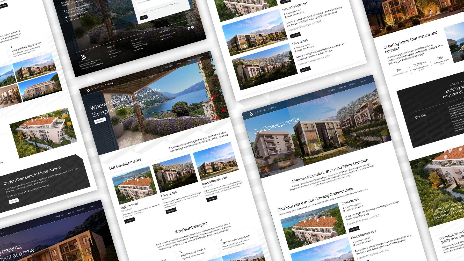 Collage of B Capital Group real estate website pages showing residential development listings and project galleries in Montenegro.
