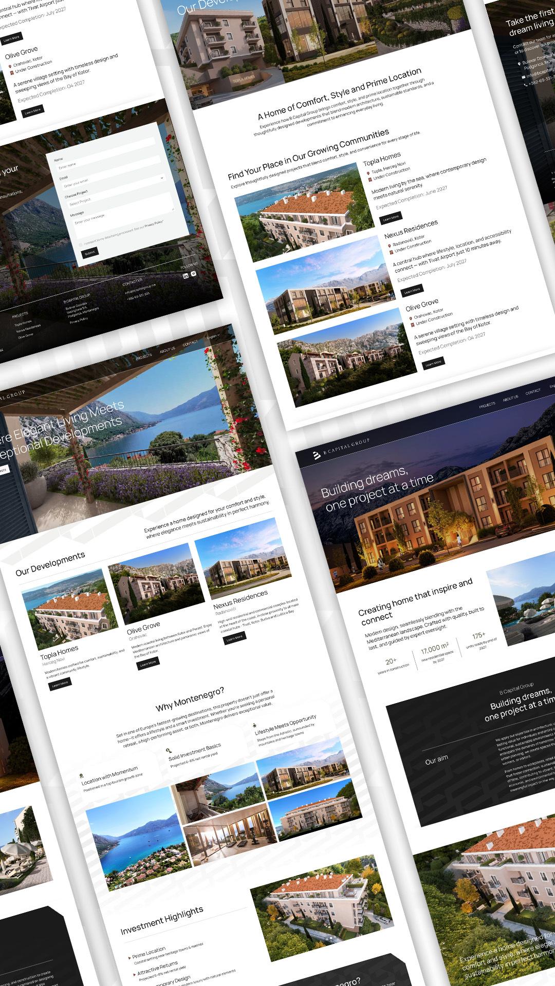 Collage of B Capital Group website pages, including the developments grid, investment highlights, and homepage hero banner.