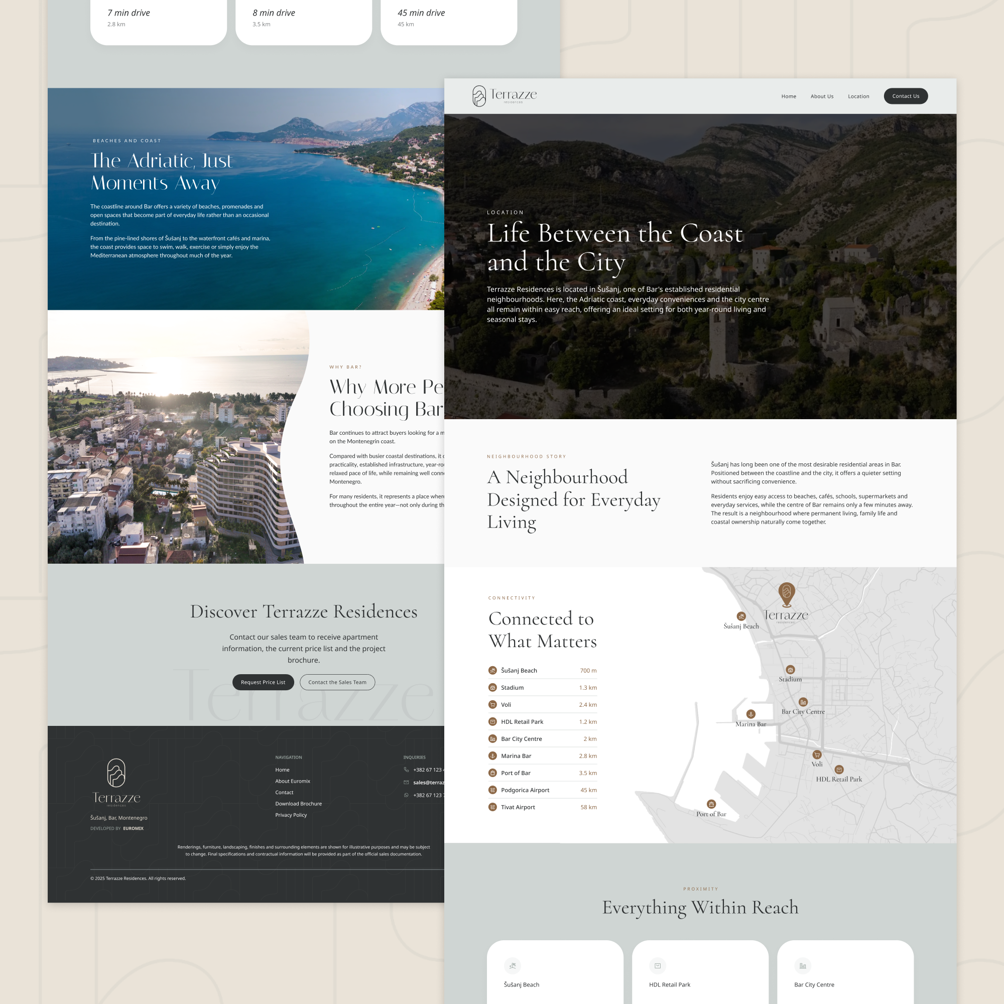 Terrazze Residences website pages showing the 'Life Between the Coast and the City' location section and an interactive map of nearby beaches, retail and transport links.
