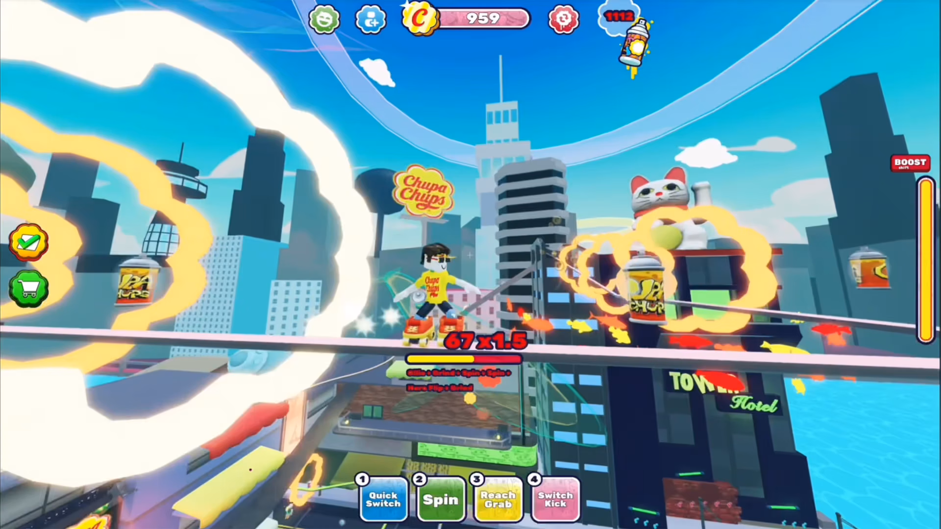 Screenshot of gameplay from a game developed in partnership between Misfits Gaming and Chupa Chups, featuring skating.